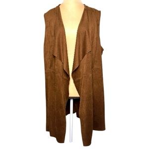 Chico’s Faux Suede Long Vest Brown Waterfall Open Front Pockets Sz 16